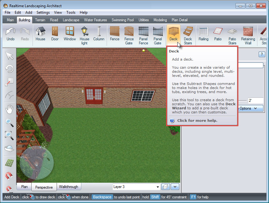 Add a deck to your landscape design with the Deck button
