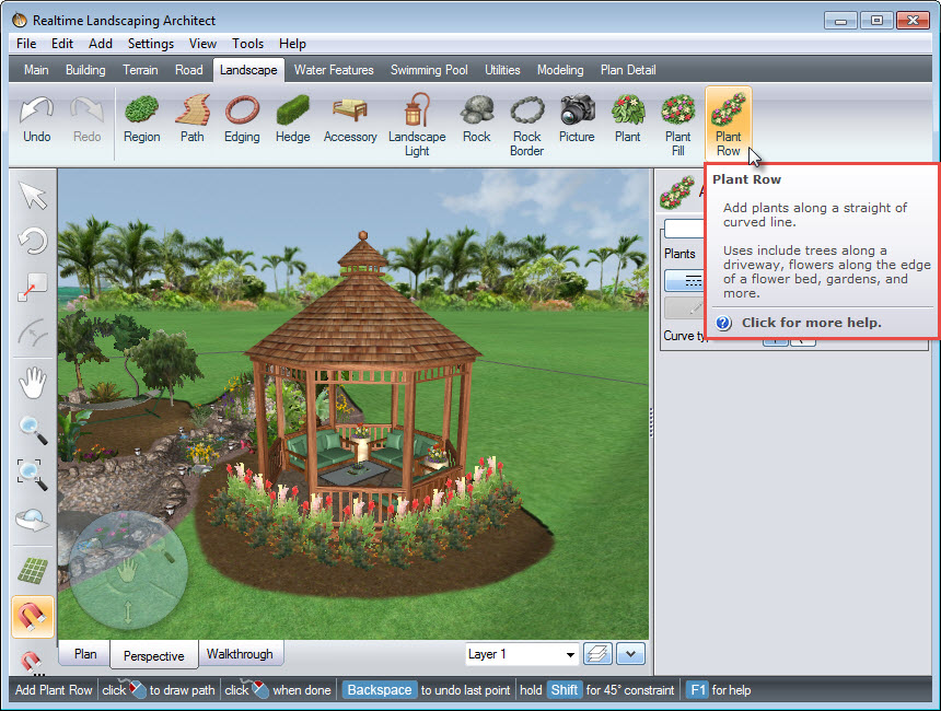 Adding a plant row to your landscape design using the Plant Row button