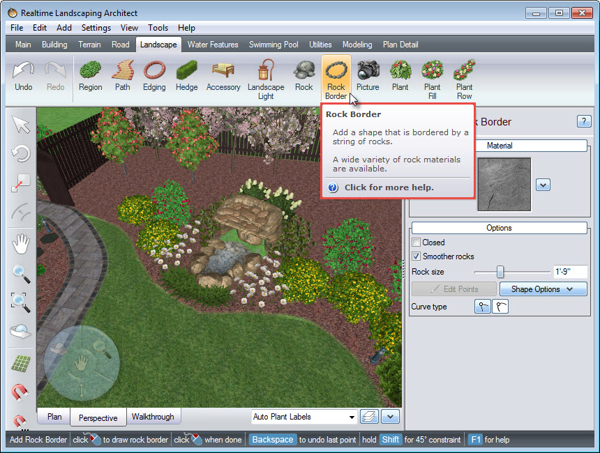 Add a rock border to your landscape using the Rock Border button