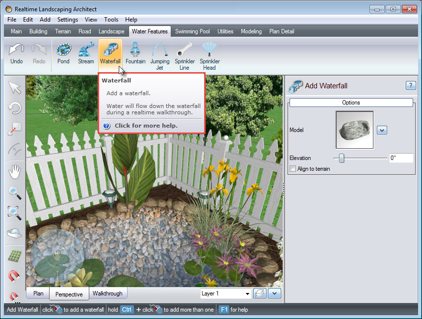 Add a waterfall to your landscape design using the Waterfall button