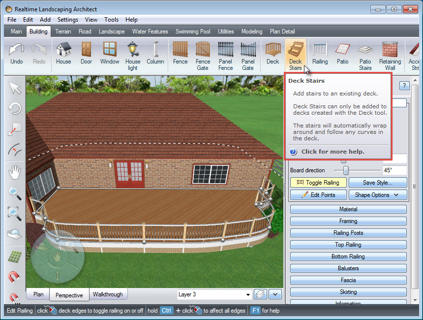 Add stairs to your design with the Deck Stairs button