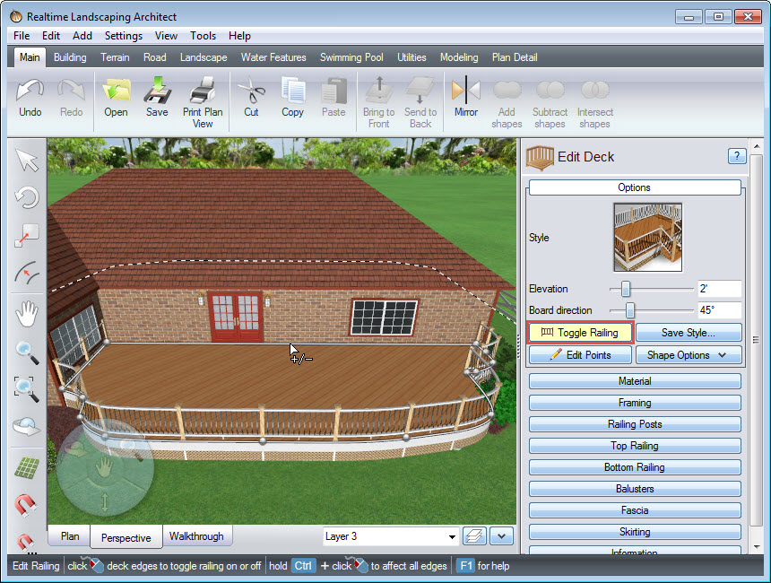Use the Toggle Railing button to customize the look of your deck