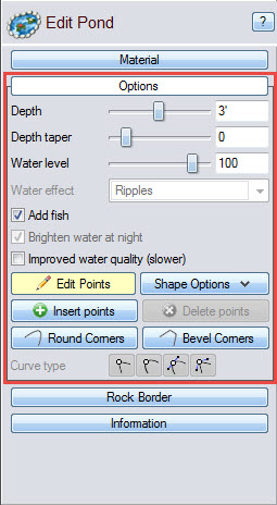 Edit the dimensions of your pond using these options