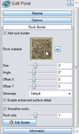 Change the pond's rock border material by clicking this image