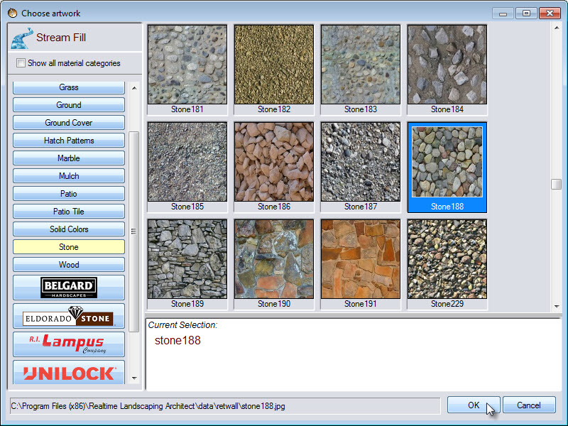 Wide selecrion of stream fill materials, including some from Belgard, Eldorado stone, and Unilock