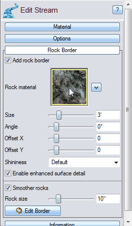 You can change the material used in your sream's rock border