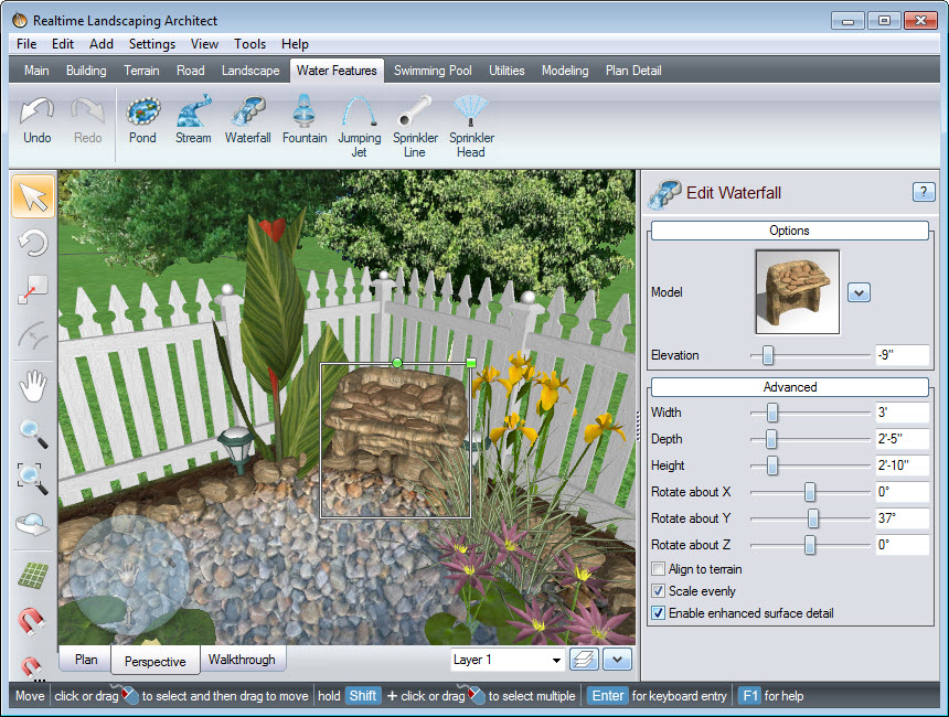 Place your outdoor waterfall using our landscaping software