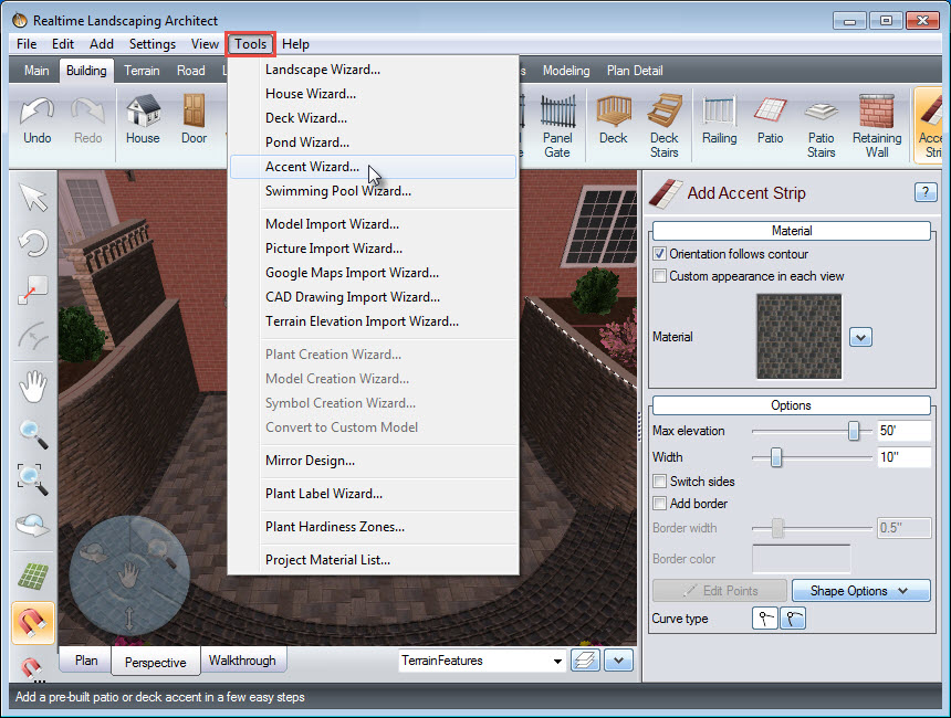 Click Accent Wizard, to add a pre-built accent to your landscape design