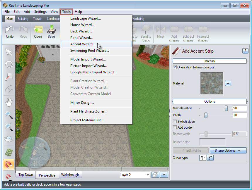 Click Accent Wizard, to add a pre-built accent to your landscape design