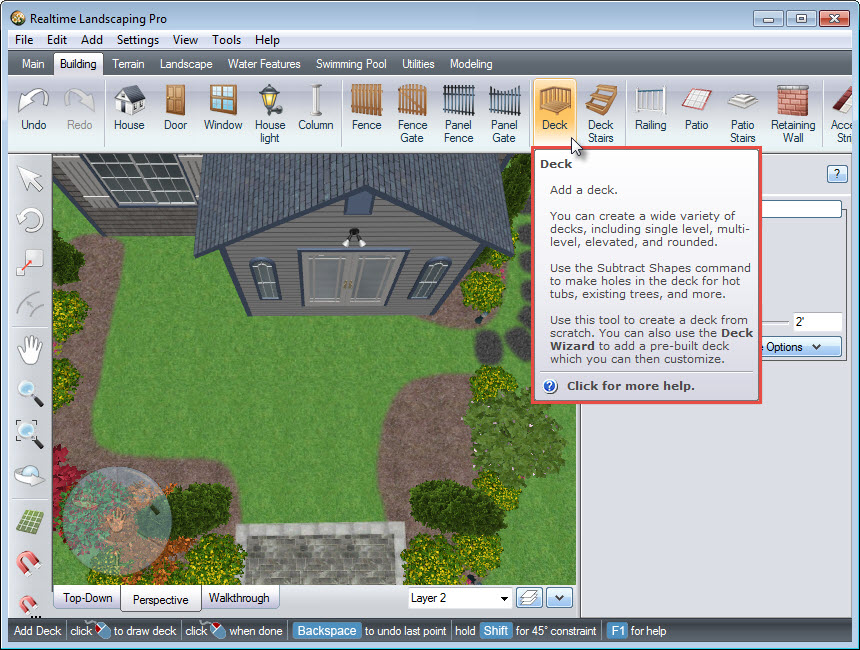 Add a deck to your landscape design with the Deck button