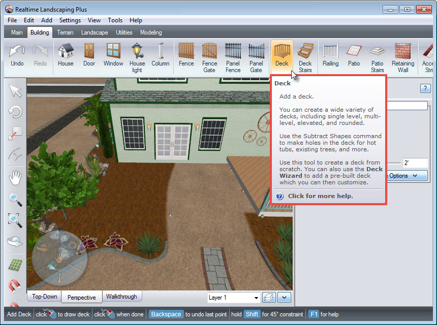 Add a deck to your landscape design with the Deck button