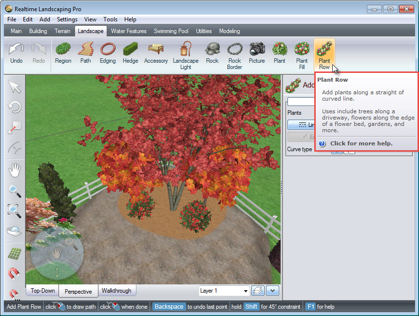 Adding a plant row to your landscape design using the Plant Row button