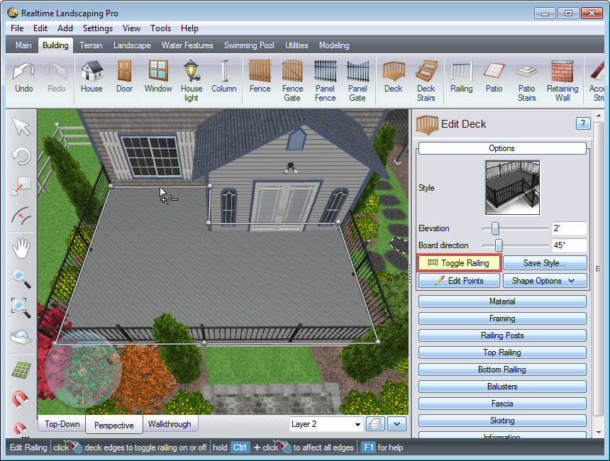 Use the Toggle Railing button to customize the look of your deck