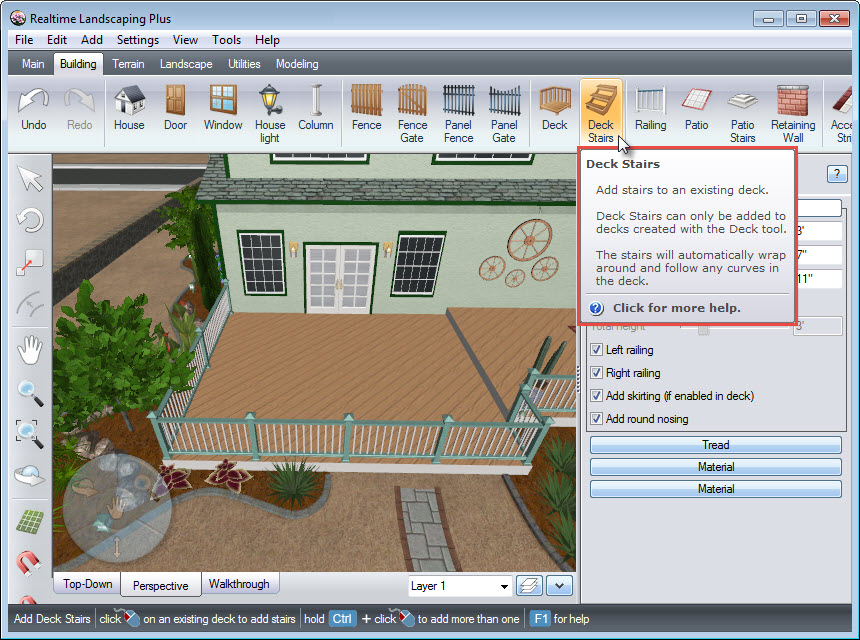 Add stairs to your design with the Deck Stairs button