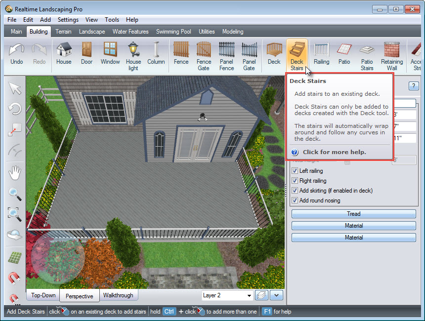Add stairs to your design with the Deck Stairs button