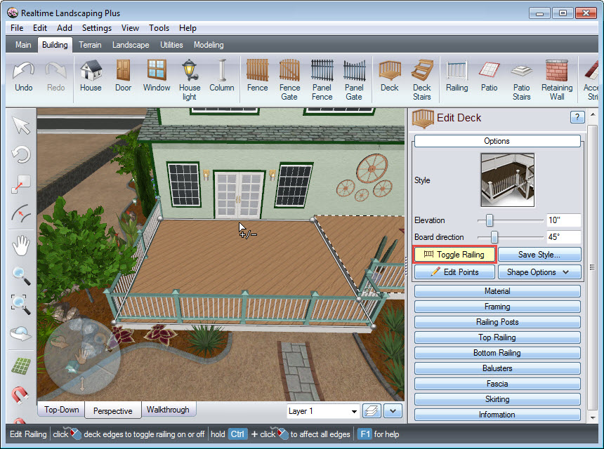 Use the Toggle Railing button to customize the look of your deck