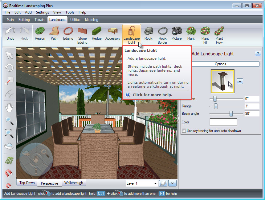 Adding a 3D landscape light using the Landscape Light button