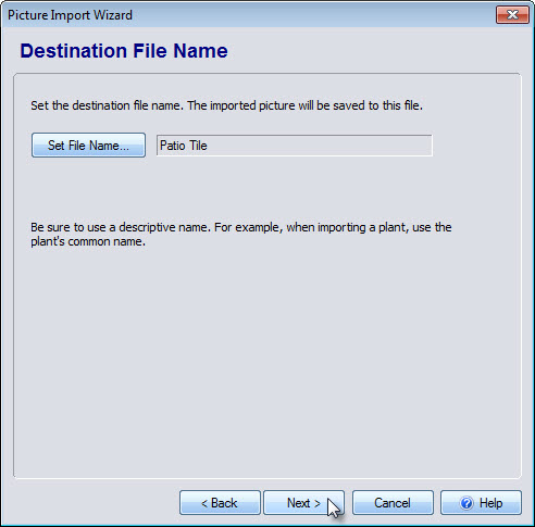 Choose the destination file name for the picture you wish to import