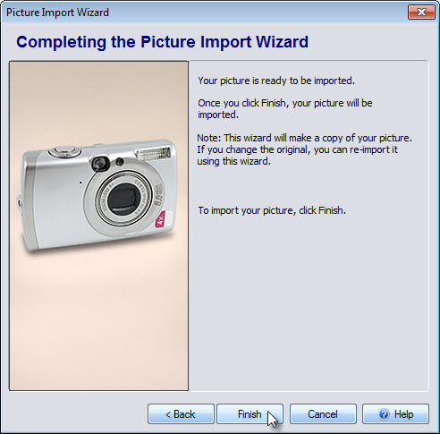 Click Finish to complete the Picture Import Wizard