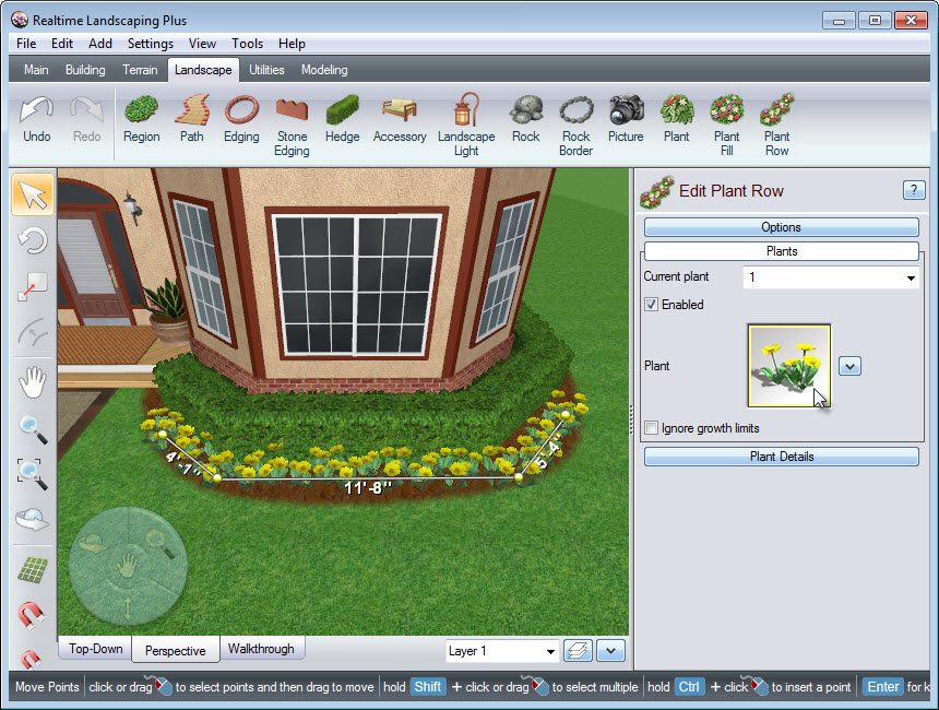 Place points to create the outline of your plant row