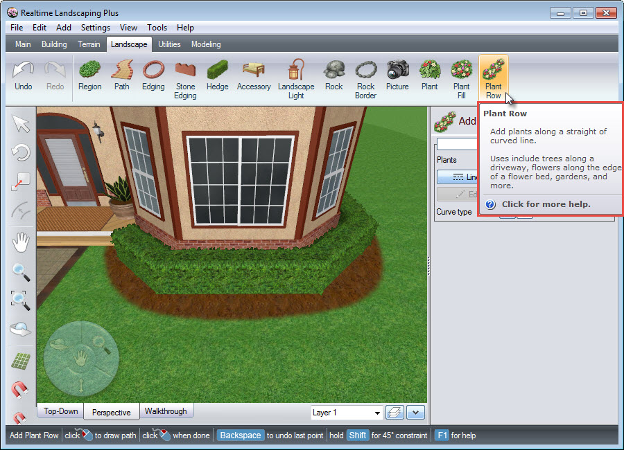 Adding a plant row to your landscape design using the Plant Row button