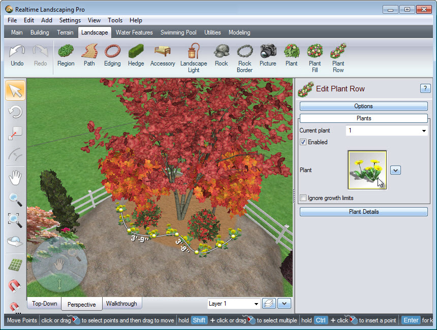 Place points to create the outline of your plant row