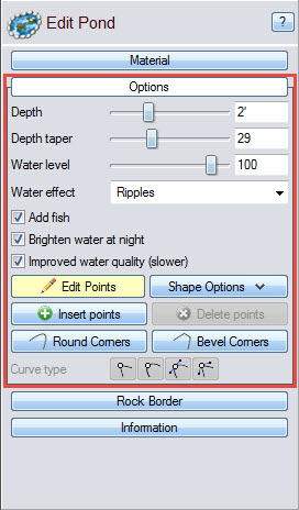 Edit the dimensions of your pond using these options