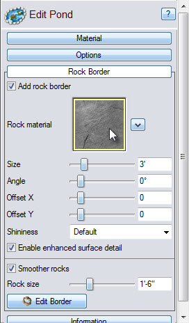 Change the pond's rock border material by clicking this image