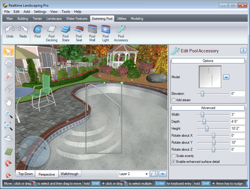 Place your pool accessory, then scale and rotate as desired