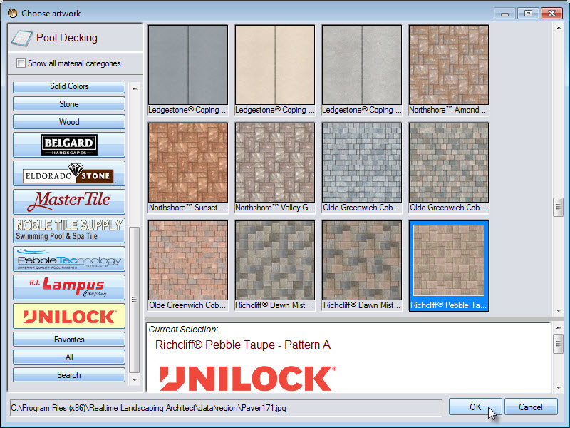 Selection of pool deck materials including some from Unilock, Belgard,and Eldorado stone