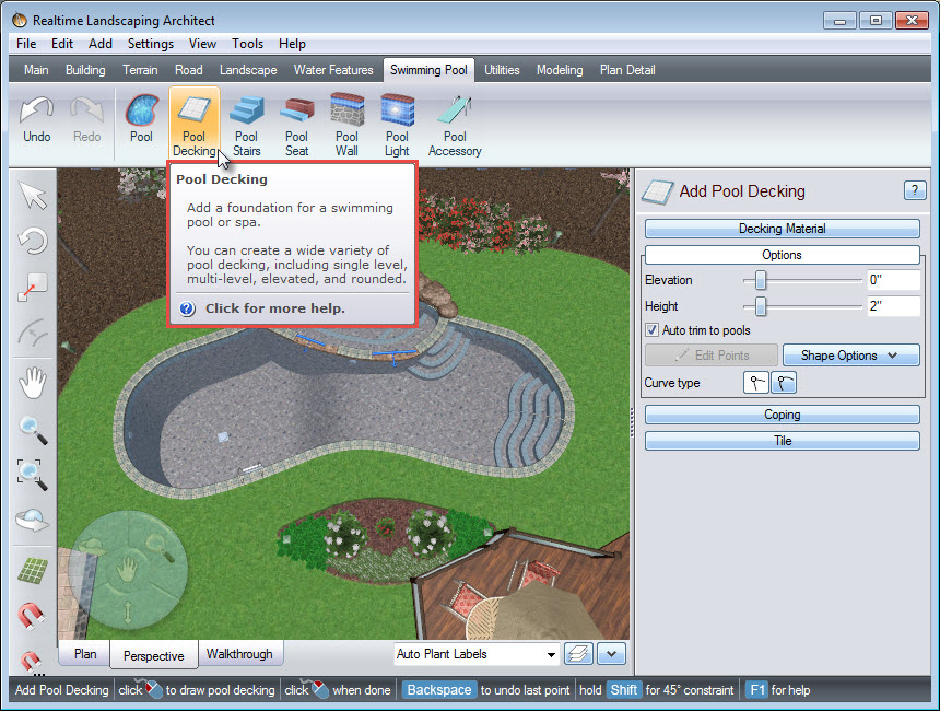 Click the Pool Decking button to add a pool deck to your landscape design