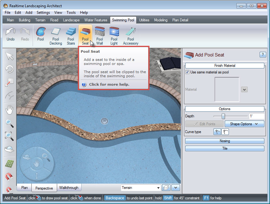 Click the buttom to add a pool seat to your landscape design