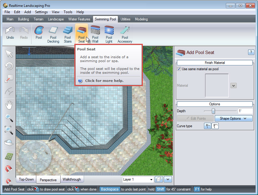 Click the buttom to add a pool seat to your landscape design