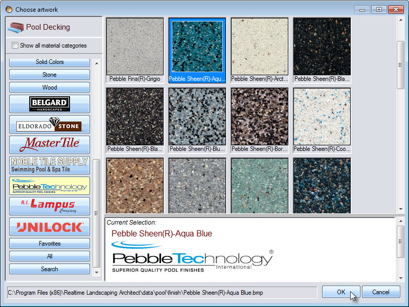 Selection of pool seat material including some from Unilock, Pebble Technology, Noble Tile, and more