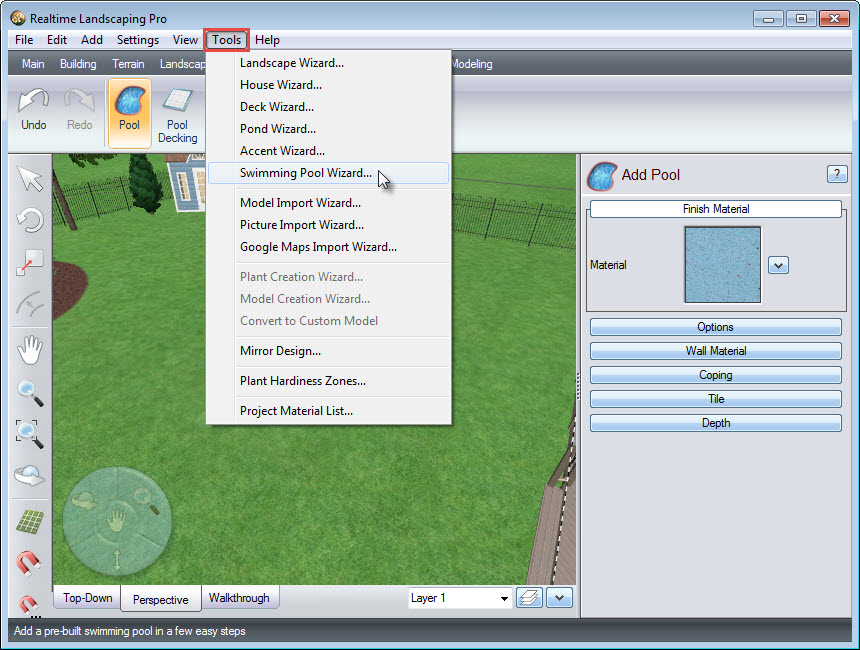 Click Swimming Pool Wizard under Tools