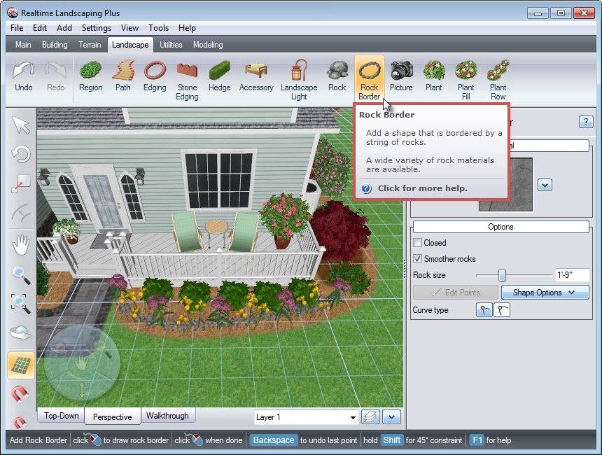 Add a rock border to your landscape using the Rock Border button