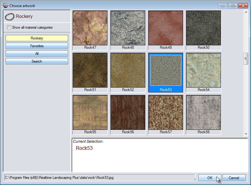 Choosing the material for your rock border is easy with our landscaping software