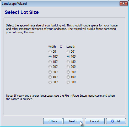 Select the width and length in the Wizard