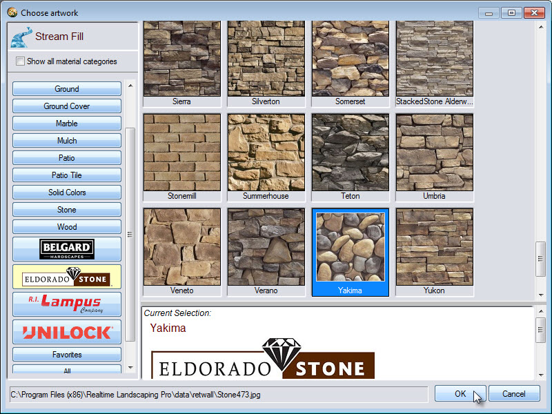 Wide selecrion of stream fill materials, including some from Belgard, Eldorado stone, and Unilock