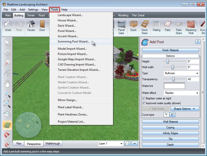 Click Swimming Pool Wizard under Tools